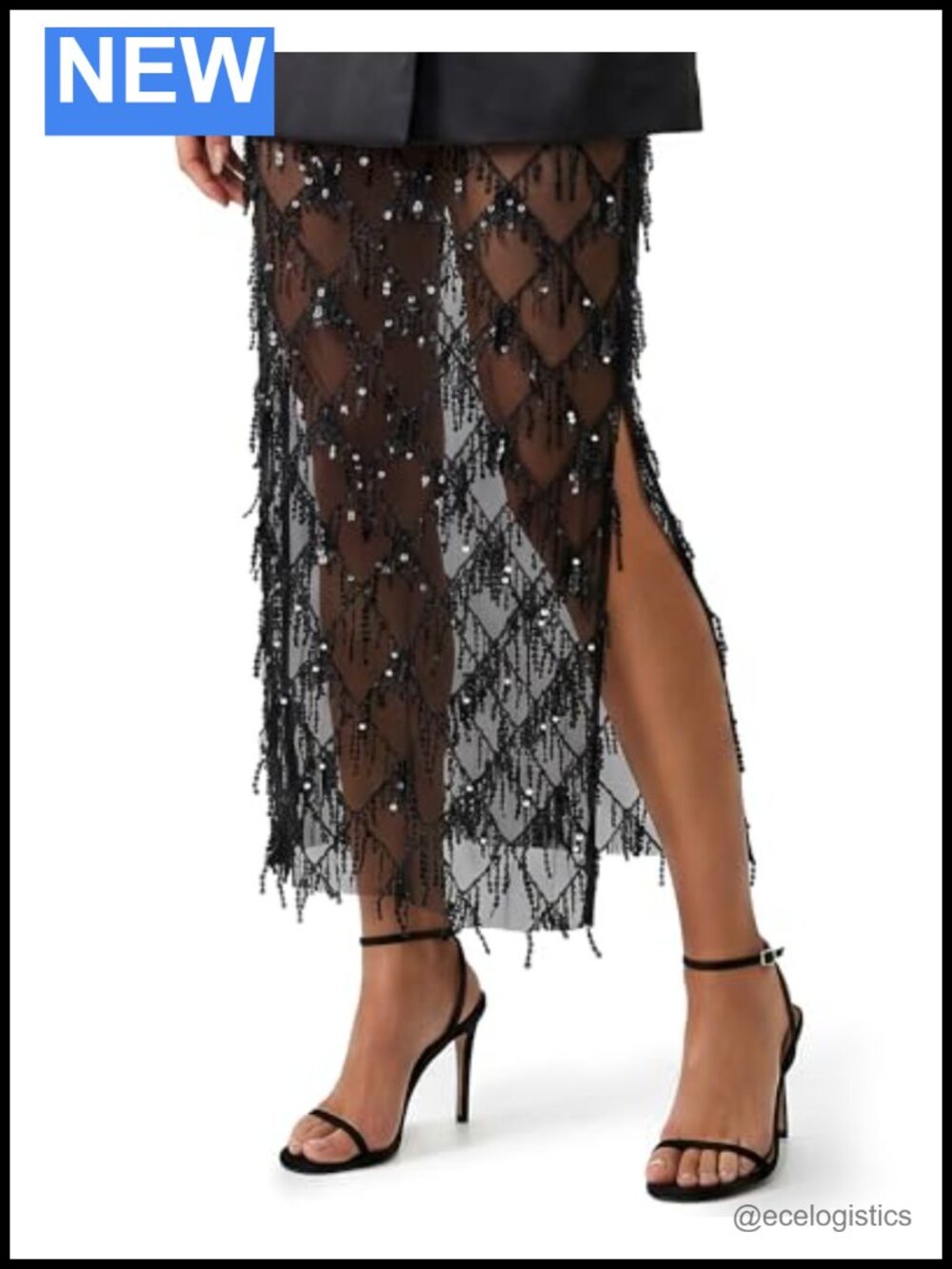 Sequin Fringe Sheer Mesh Midi Pencil Skirt with Split Hem & Zipper, Glitter